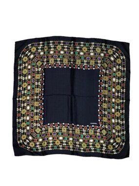 Chanel Gripoix Pattern CC Logo Scarf Silk 100% Black